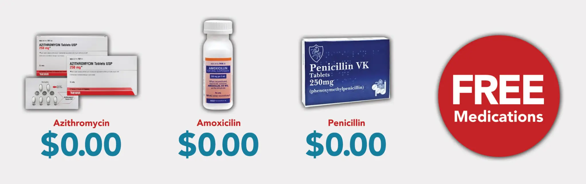 Examples of immediate need medication free generics offered by Happy Family RX include amoxicillin, penicillin, and  azithromycin.